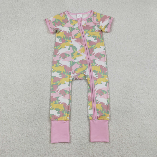 Baby Girls Rabbits Camo Easter Two Way Zip Convertible Rompers