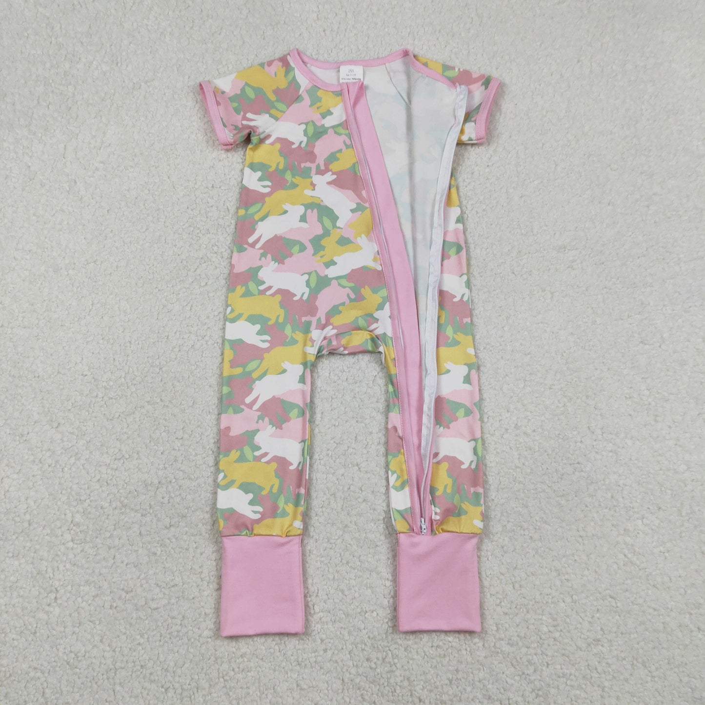Baby Girls Rabbits Camo Easter Two Way Zip Convertible Rompers