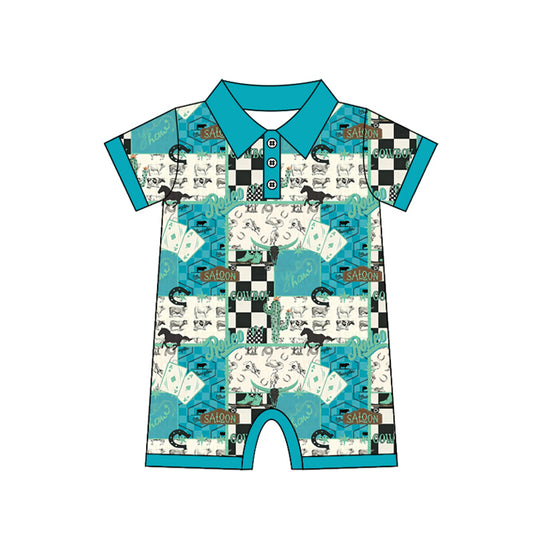 Baby Boys Short Sleeve Boot Horses Checked Cowboy Western Button Rompers Preorder
