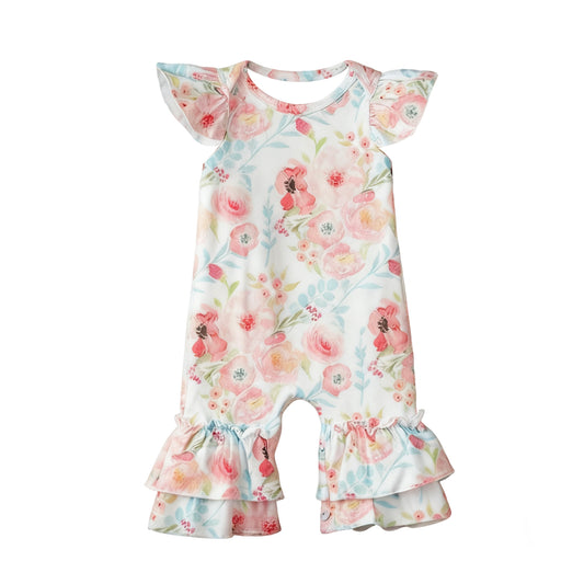 Baby Girls Flutter Sleeve Pink Flowers Ruffle Footie Rompers Preorder
