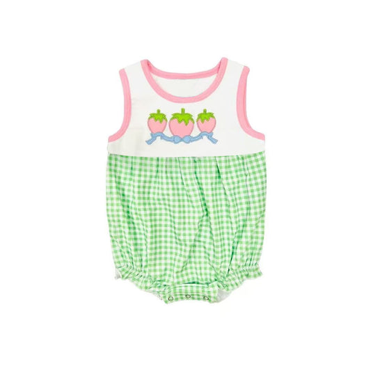 Baby Girls Sleeveless Bows Strawberry Checked Ruffle Rompers Preorder