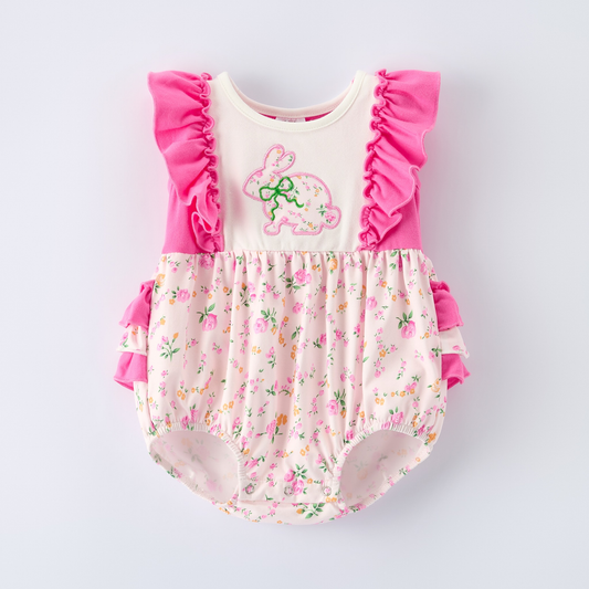 Baby Girls Pink Flutter Sleeve Bows Rabbits Easter Bubbly Ruffle Rompers Preorder