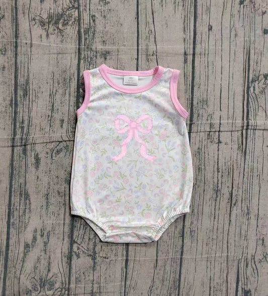 Embroidery Pink Floral Bow Baby Girls Sleeveless Ruffle Rompers Preorder
