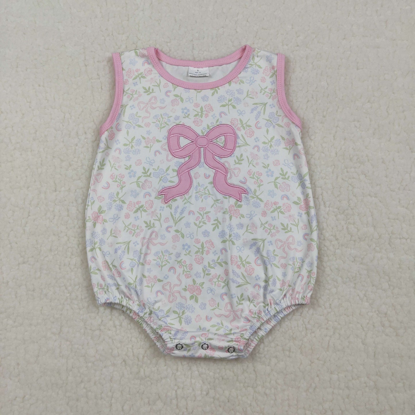 Embroidery Pink Bow Baby Girls Sleeveless Flowers Ruffle Rompers
