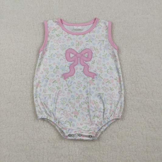 Embroidery Pink Bow Baby Girls Sleeveless Flowers Ruffle Rompers