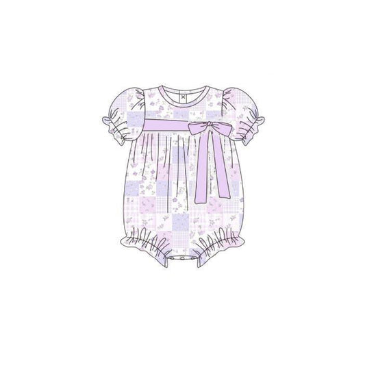 Baby Girls Short Sleeve Lavender Flowers Checked Bows Ruffle Rompers Preorder