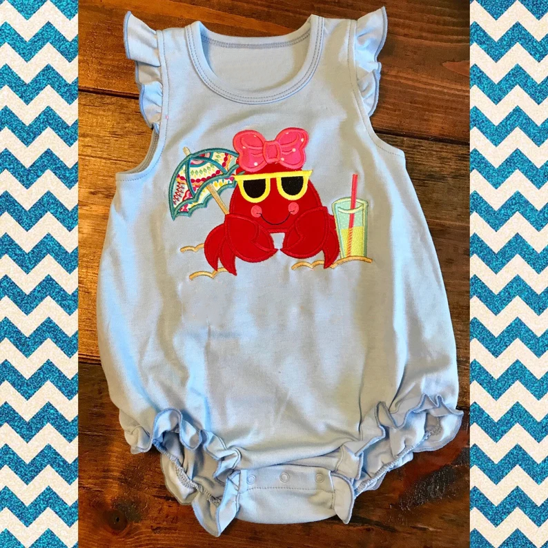 Baby Girls Flutter Sleeve Bows Crabs Beach Ruffle Rompers Preorder