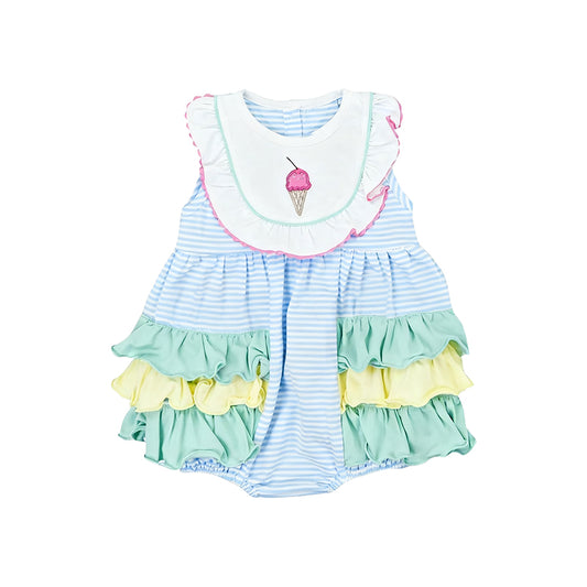 Baby Girls Sleeveless Blue Stripe Ice Cream Bubbly Ruffle Rompers Preorder
