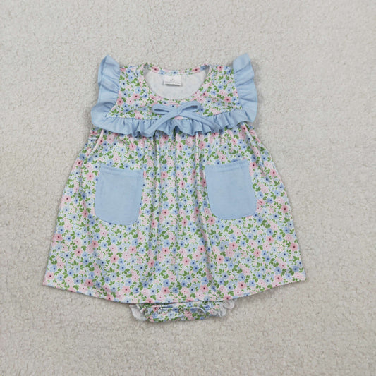 Baby Girls Sleeveless Flowers Pockets Tunic Bummies Ruffle Rompers
