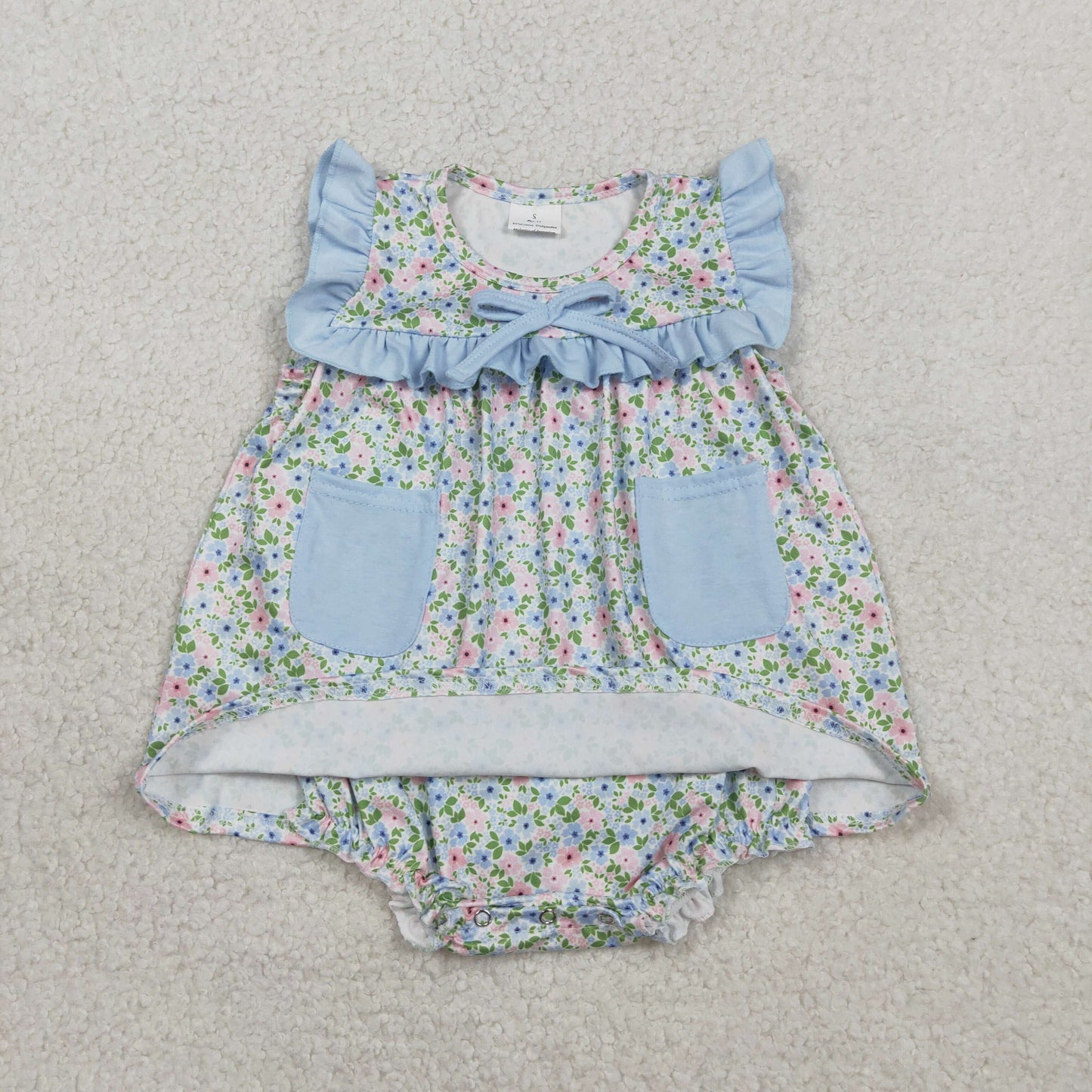 Baby Girls Sleeveless Flowers Pockets Tunic Bummies Ruffle Rompers