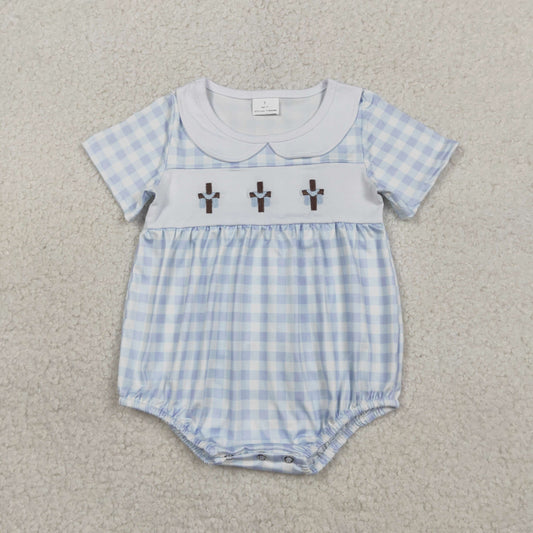 Sibling Baby Kids Embroidery Crosses Easter Checked Collar Knee Length Dress Rompers