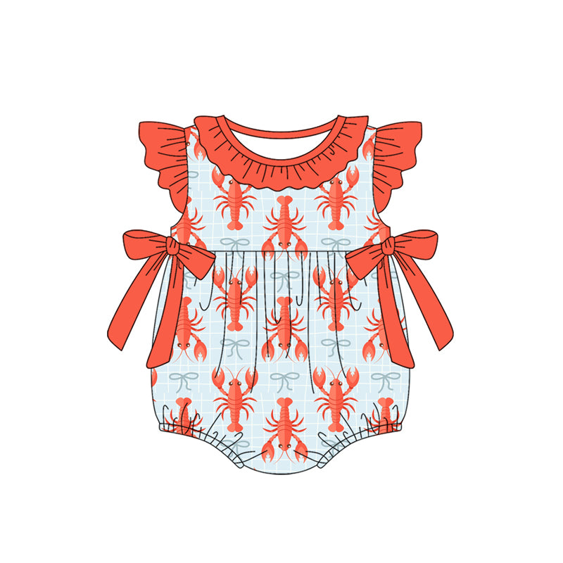 Baby Girls Flutter Sleeve Checked Crayfishes Bows Ruffle Collar Rompers Preorder