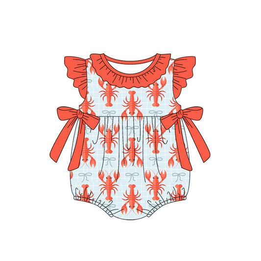 Baby Girls Flutter Sleeve Checked Crayfishes Bows Ruffle Collar Rompers Preorder