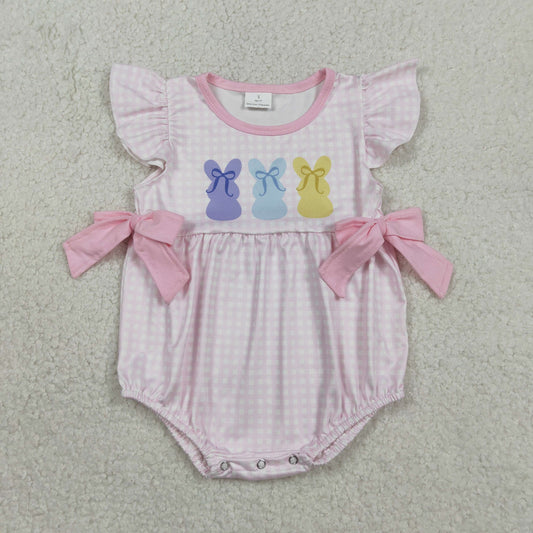 Baby Girls Pink Checked Rabbits Bows Easter Ruffle Rompers