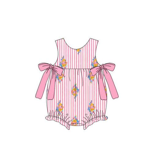 Baby Girls Pink Stripe Flowers Bows Ruffle Rompers Preorder