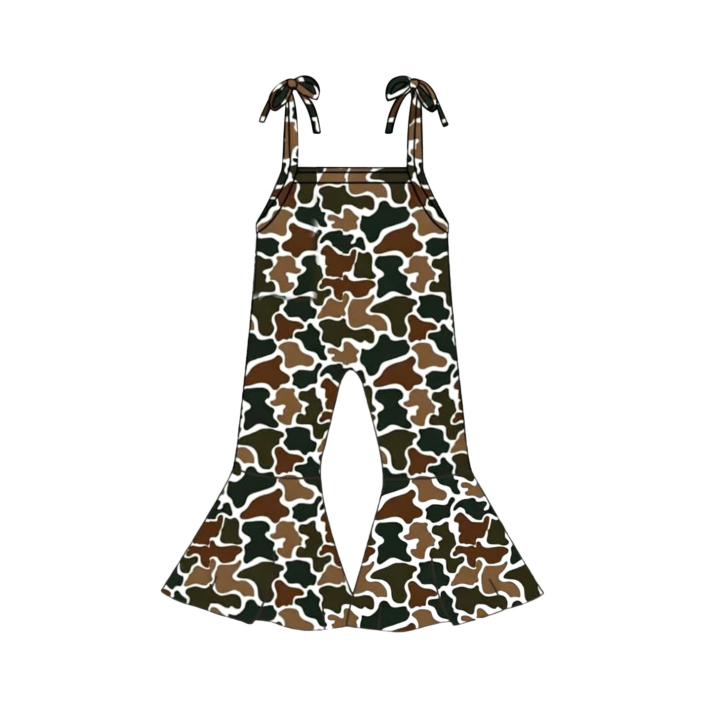 Baby Girls Strap Southern Dark Brown Camo Bell Bottom Pants Jumpsuits Preorder