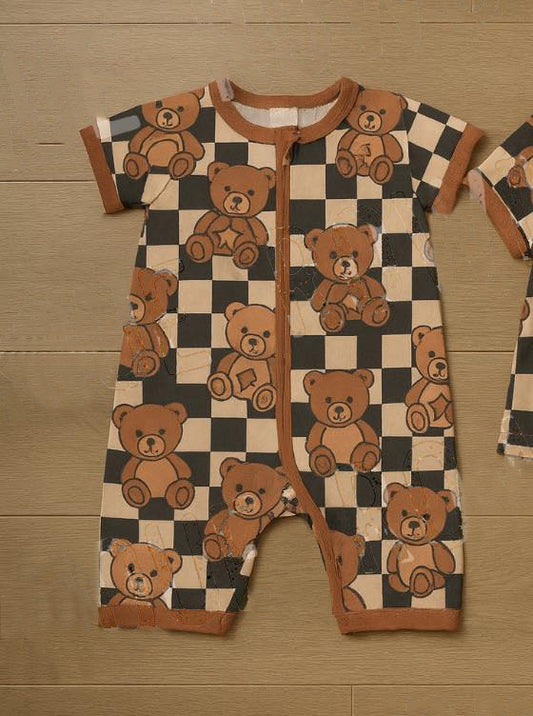 Baby Boys Black Checked Bears Zipper Shorts Rompers Preorder