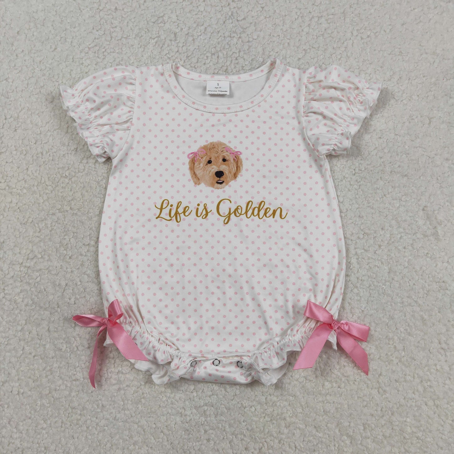 Baby Girls Pink Polka Dots Dogs Life is Golden Ruffle Rompers