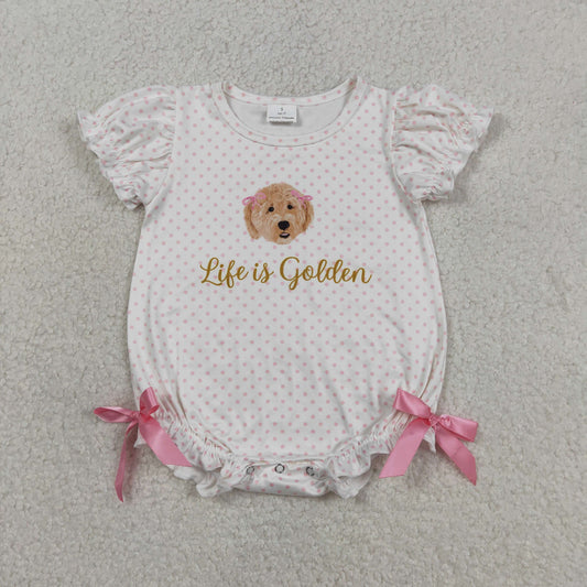 Baby Girls Pink Polka Dots Dogs Life is Golden Ruffle Rompers