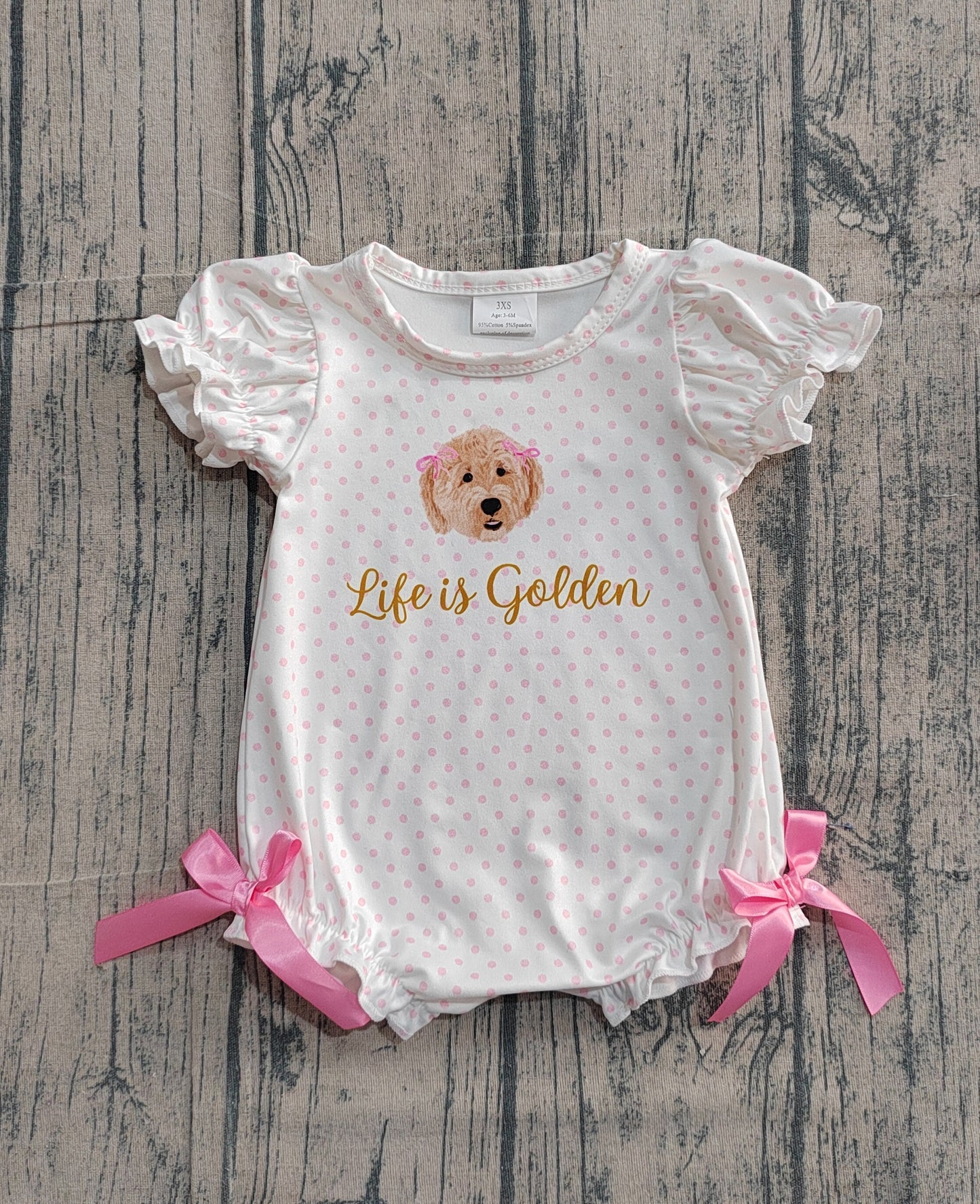 Baby Girls Pink Polka Dots Dogs Life is Golden Ruffle Rompers Preorder