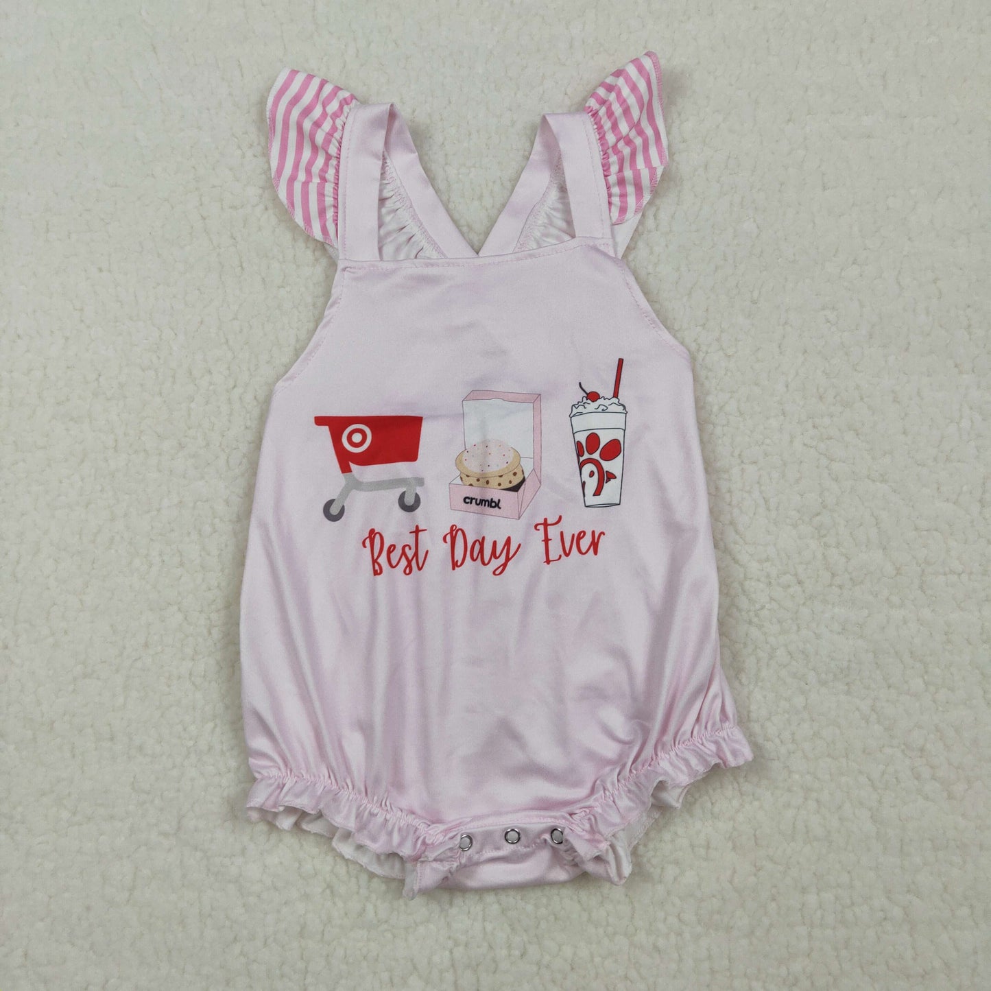 Baby Girls Pink Flutter Sleeve Chicken Best Day Ever Ruffle Rompers
