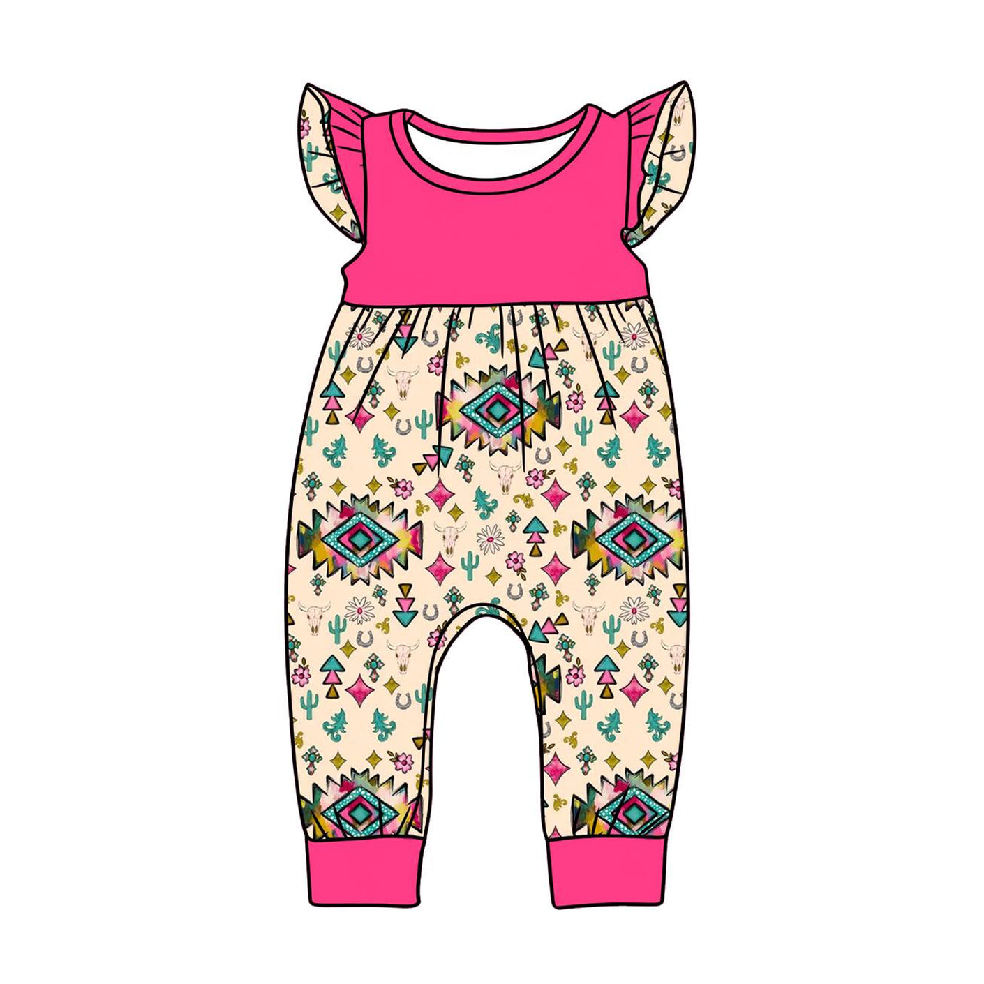 Baby Girls Flutter Sleeve Flowers Aztec Western Footie Rompers Preorder