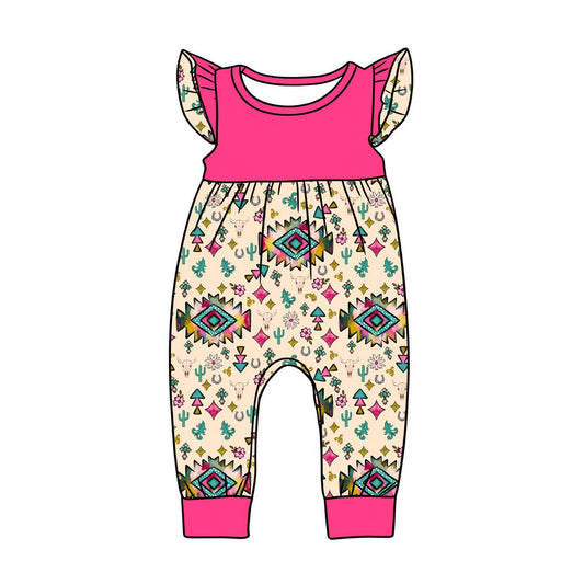 Baby Girls Flutter Sleeve Flowers Aztec Western Footie Rompers Preorder