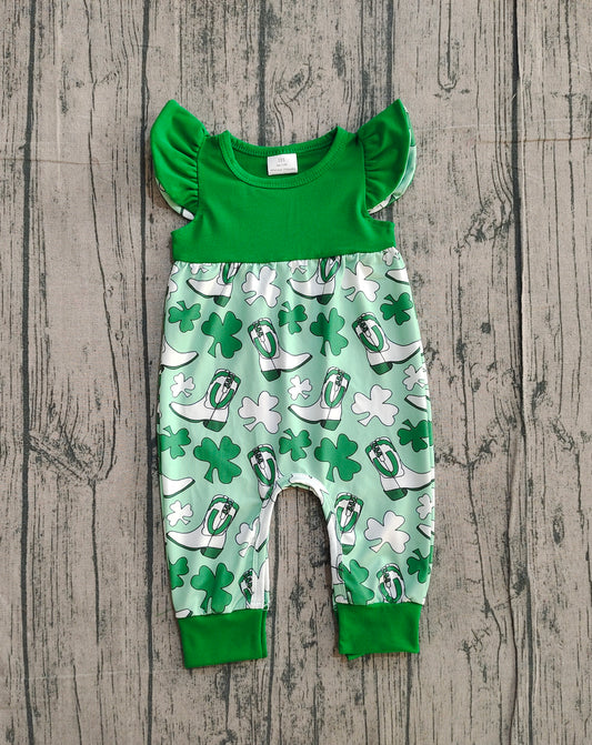 Baby Girls Flutter Sleeve Clovers Boots St Patrick Rompers