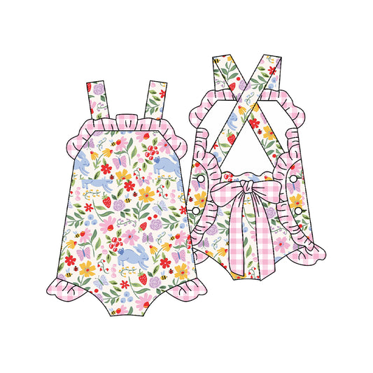 Baby Girls Strap Colorful Rabbit Flowers Back Bow Easter Ruffle Rompers Preorder