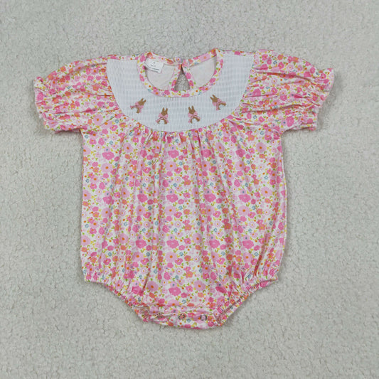 Smocked Bow Rabbits Baby Girls Pink Flowers Easter Ruffle Rompers