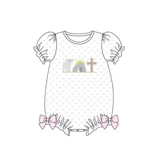Baby Girls Short Ruffle Sleeve Polka Dots Cross Easter Bows Romper Preorder