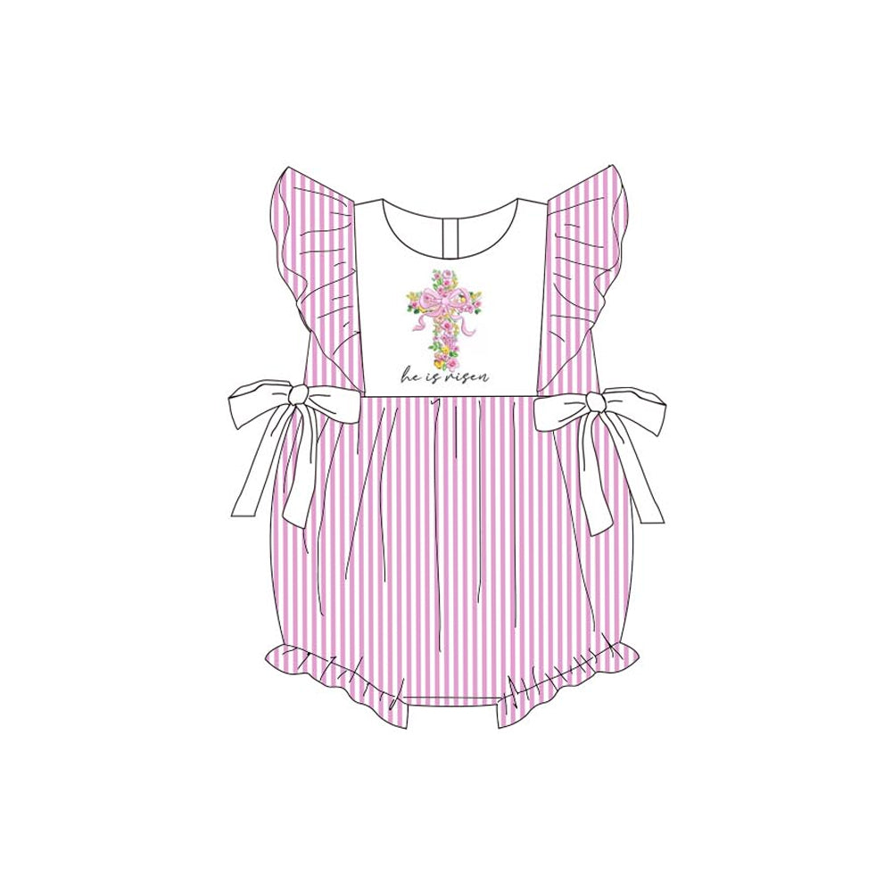 Baby Girls Flutter Sleeve Pink Stripe Flower Cross Easter Bows Romper Preorder