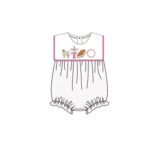 Baby Girls Sleeveless Polka Dots Crosses Easter Ruffle Romper Preorder