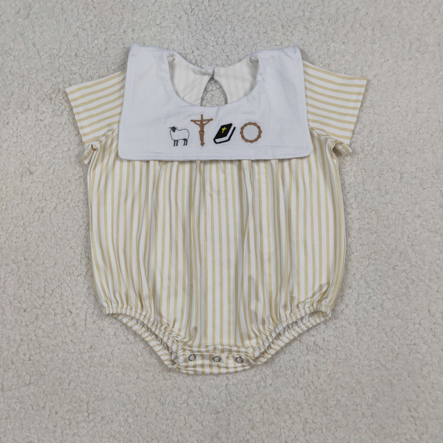 Embroidery Cross Sheep Baby Boys Sleeveless Yellow Stripe Romper