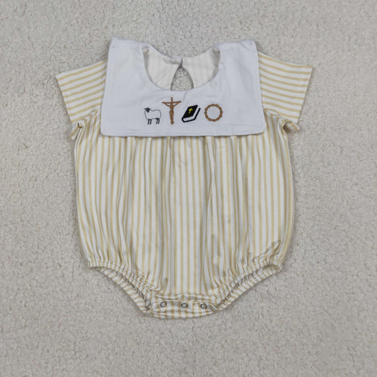 Embroidery Cross Sheep Baby Boys Sleeveless Yellow Stripe Romper