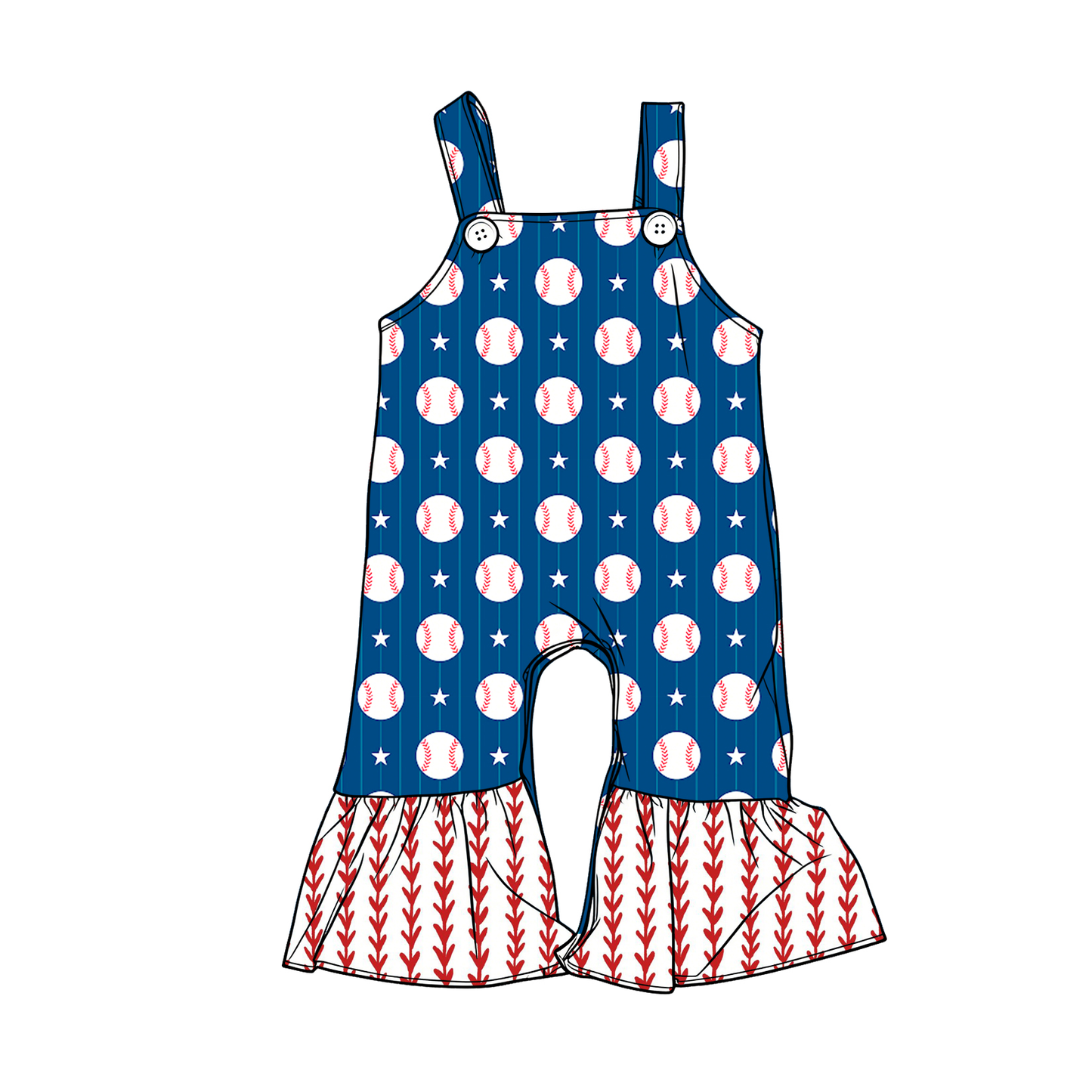 Baby Girls Strap Blue Stripe Stars Baseballs Ruffle Pant Team Rompers Preorder