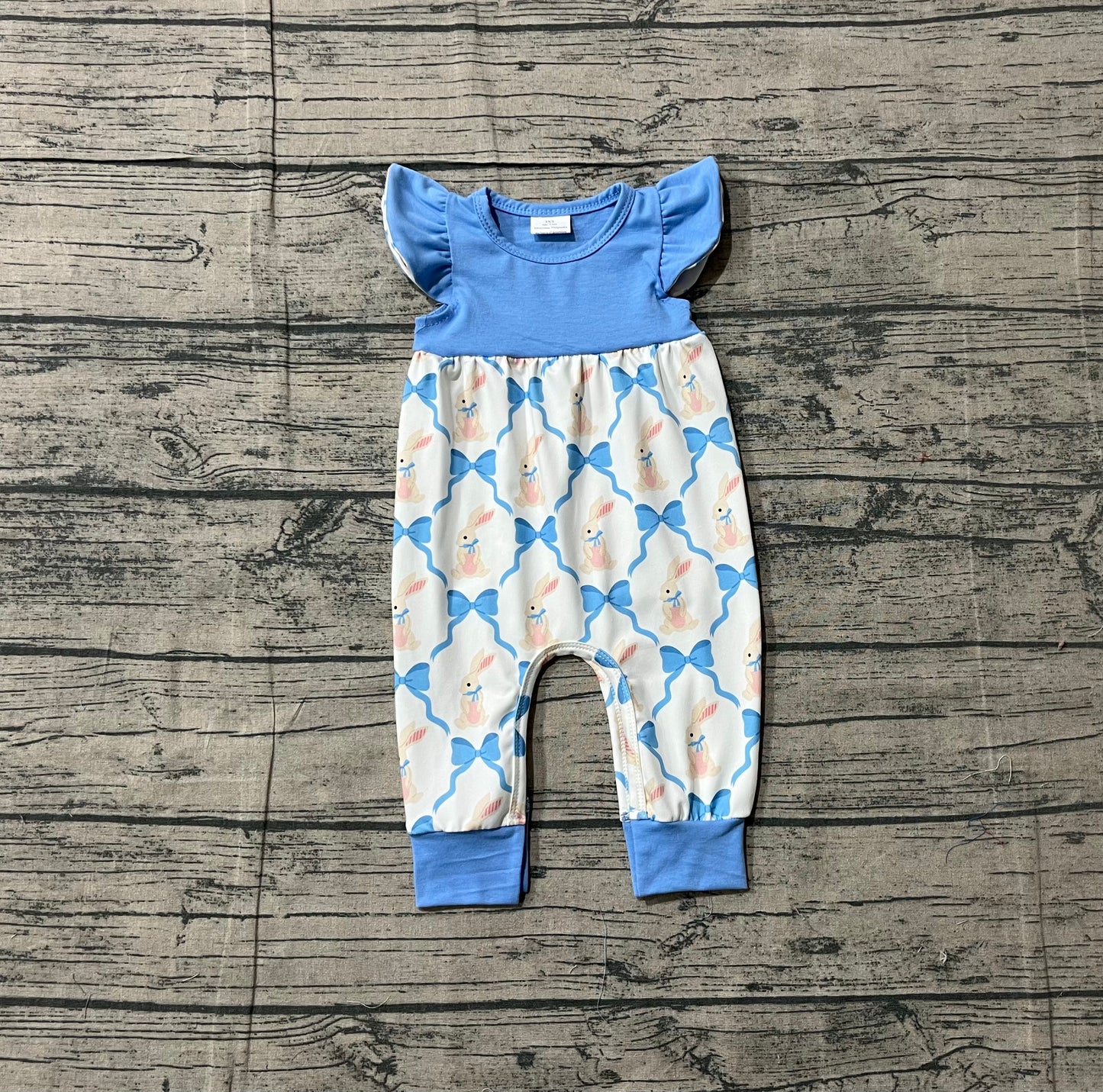 Baby Girls Flutter Sleeve Bows Rabbits Checked Easter Rompers