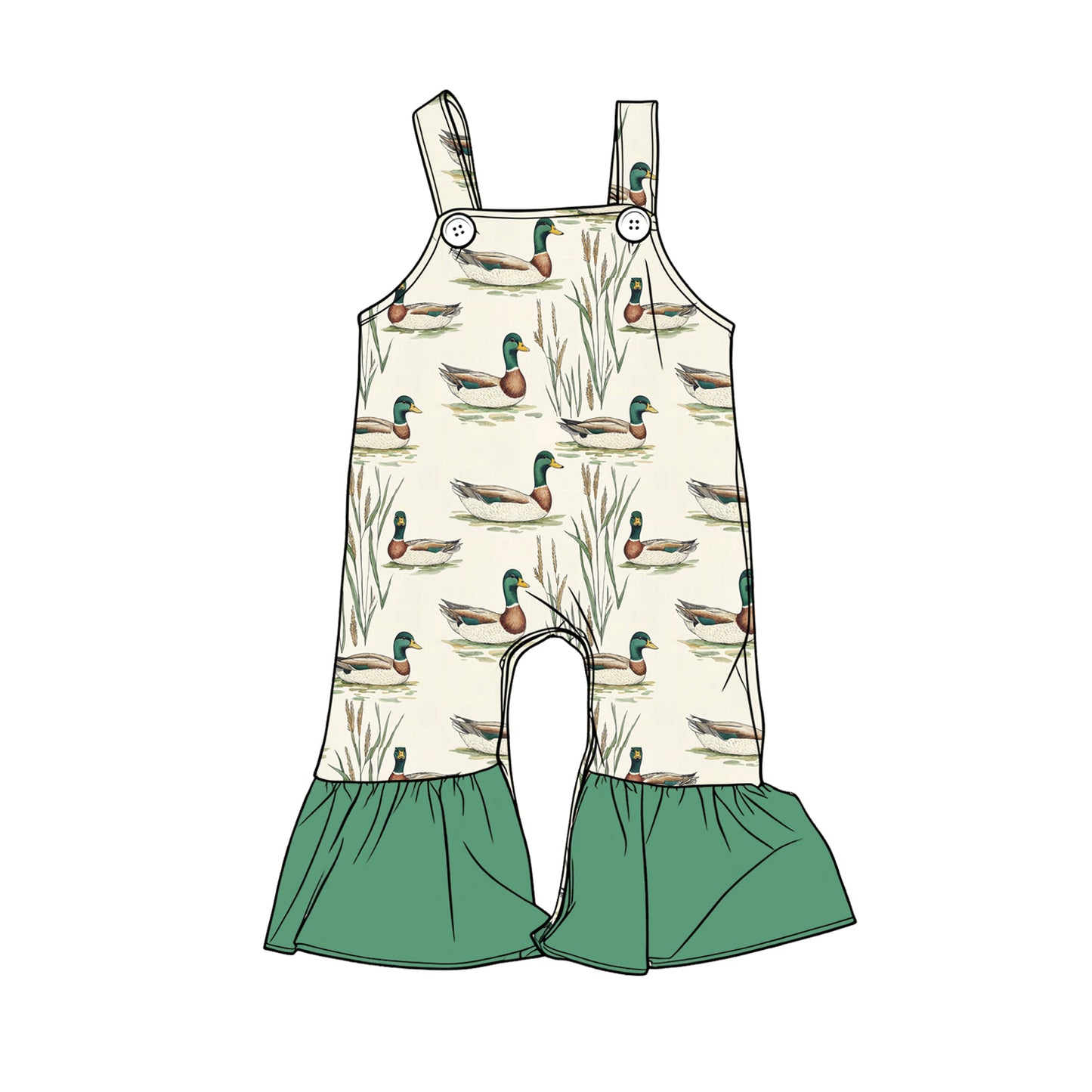 Baby Girls Strap Green Ducks Ruffle Pants Hunting Rompers Preorder