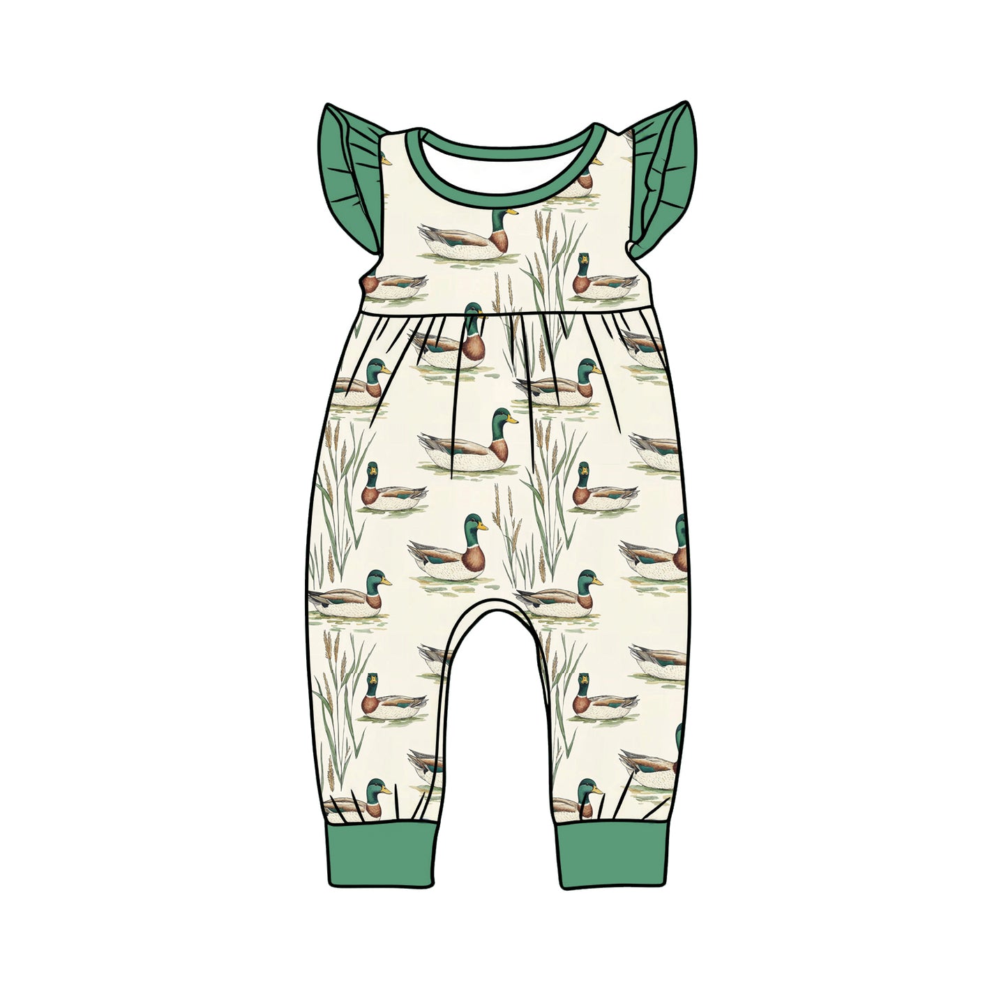 Baby Girls Flutter Sleeve Green Ducks Hunting Footie Rompers Preorder
