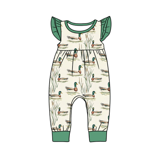 Baby Girls Flutter Sleeve Green Ducks Hunting Footie Rompers Preorder