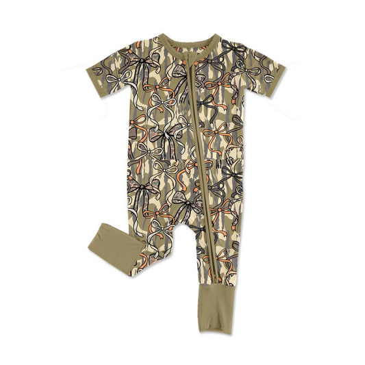 Baby Girls Southern Olive Camo Bows Hunting Two Way Zip Convertible Rompers Preorder