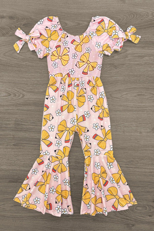Baby Girls Flowers Pencil Bows Back to School Bell Bottom Pant Jumpsuits Preorder