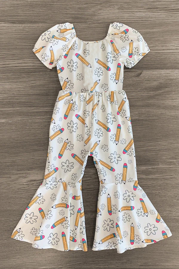Baby Girls Flowers Pencils Back to School Bell Bottom Pant Jumpsuits Preorder