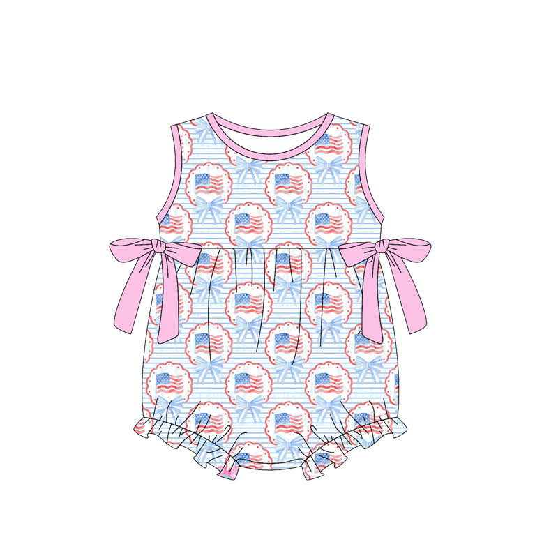 Baby Girls Stripe Bows Flags 4th of July Ruffle Rompers Preorder