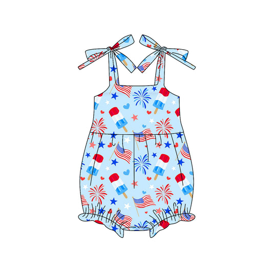 Baby Girls Bows Strap Flags Fireworks Popsicle 4th of July Ruffle Rompers Preorder