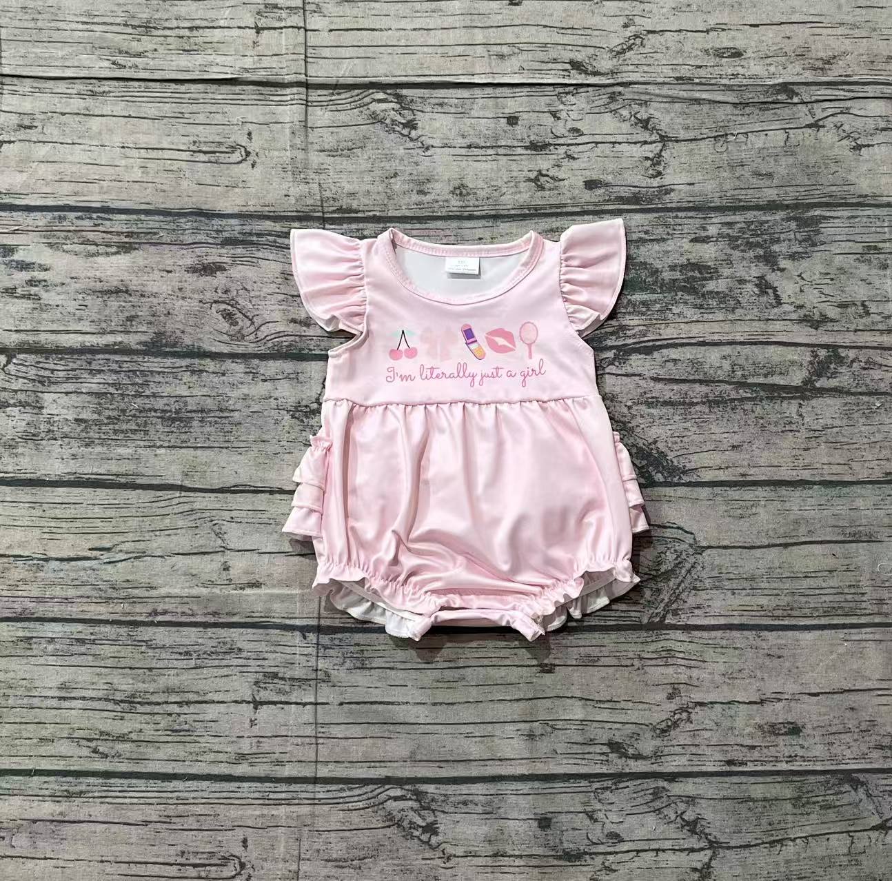 Baby Girls Pink Flutter Sleeve Cherry Bows I'm Just a Girl Ruffle Rompers