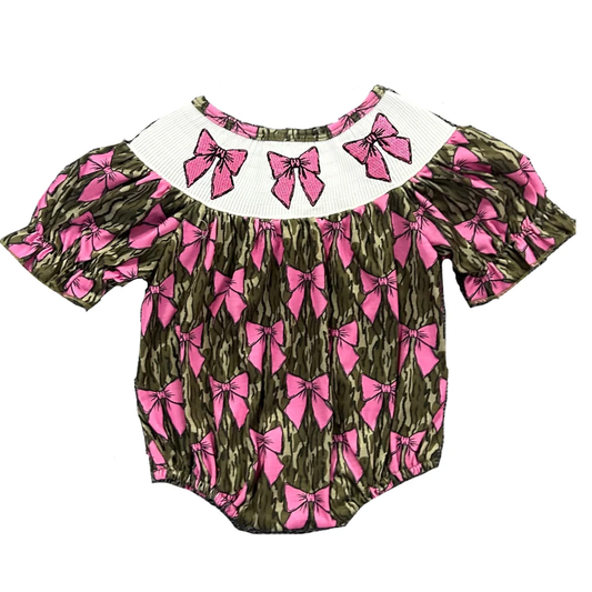 Baby Girls Short Sleeve Southern Olive Camo Bows Ruffle Rompers Preorder