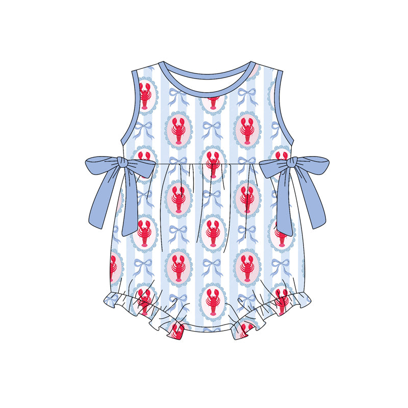 Baby Girls Sleeveless Bows Crayfishes Stripe Ruffle Rompers Preorder