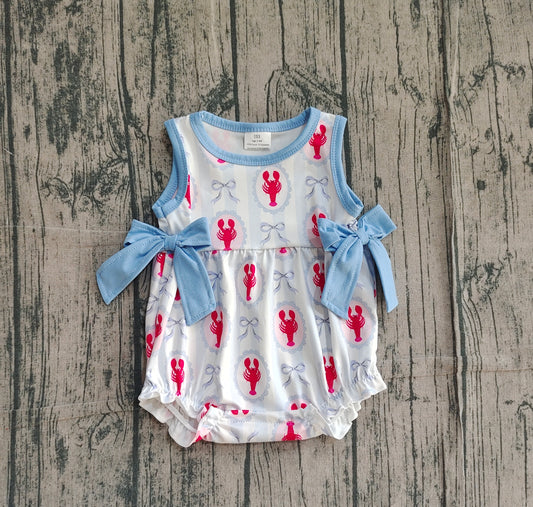 Baby Girls Sleeveless Bows Crayfishes Stripe Ruffle Rompers Preorder