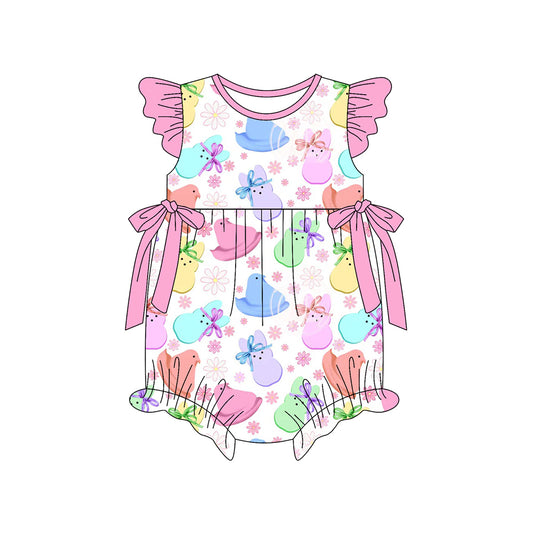 Baby Girls Flutter Sleeve Colorful Chicks Rabbits Flowers Easter Bows Ruffle Rompers Preorder